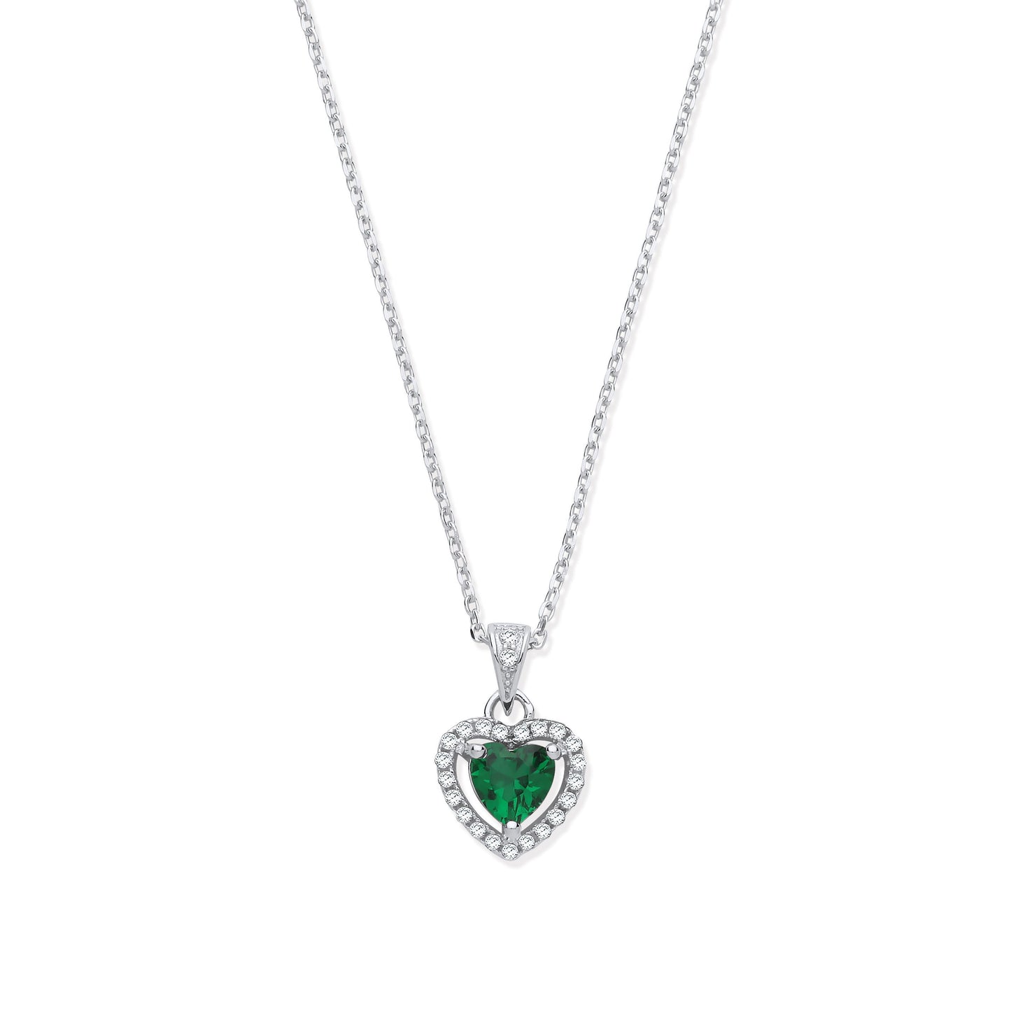 Silver Green Cubic Zirconia Halo Heart Pendant Necklace