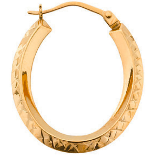 Yellow Gold Diamond Cut Oval Hoop Earrings - 0.8g