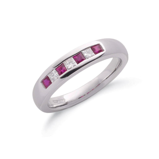 9ct White Gold Princess Cut 0.20ct Diamond & 0.35ct Ruby Eternity Ring