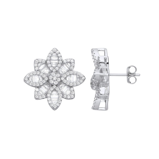 Silver Cubic Zirconia Big Flower Studs