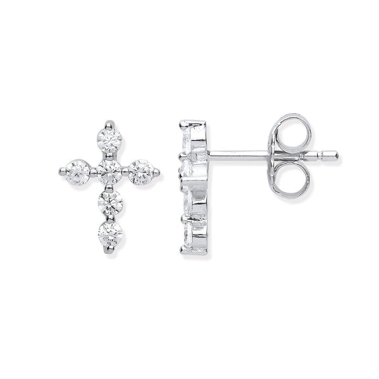 Silver Cubic Zirconia Small Cross Stud Earrings