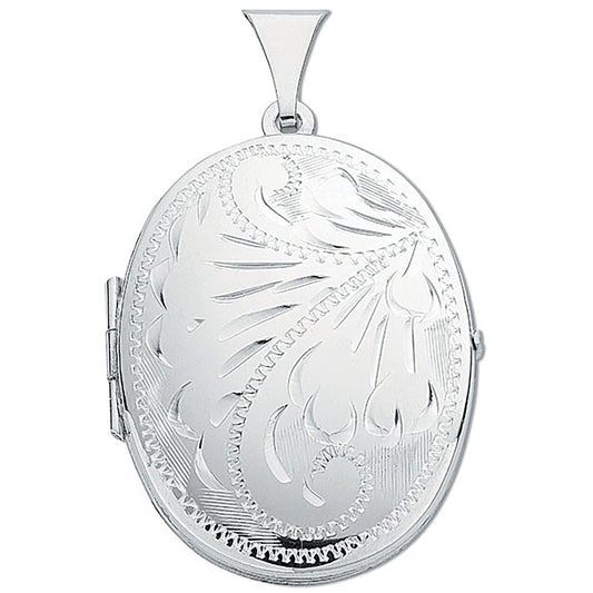 Silver Medium Engraved Oval Shaped Locket (HNN-E91150)