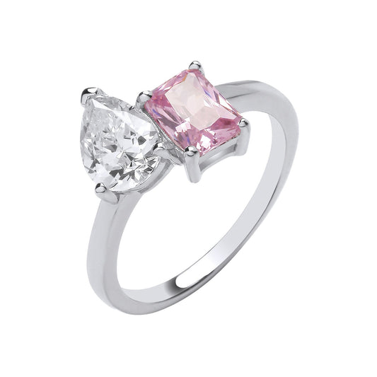 Silver Crossover Pear Clear Cubic Zirconia & Pink Cubic Zirconia Ring