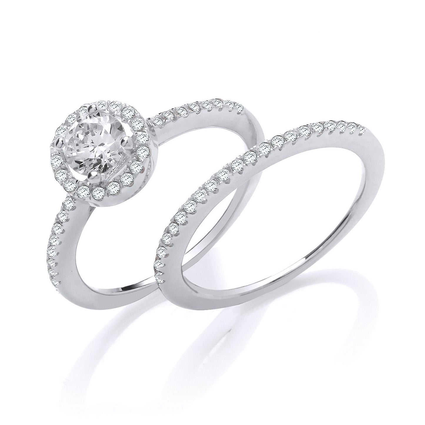 Silver Bridal Set Halo Solitaire with Half Eternity Cubic Zirconia