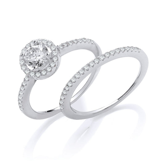 Silver Bridal Set Halo Solitaire with Half Eternity Cubic Zirconia