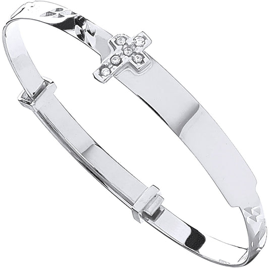 White Gold Diamond Cut Expandable Baby Bangle Cubic Zirconia Cross