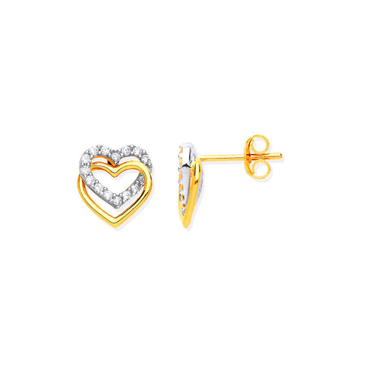 Yellow Gold Double Hearts, Plain & Cubic Zirconias Stud Earrings