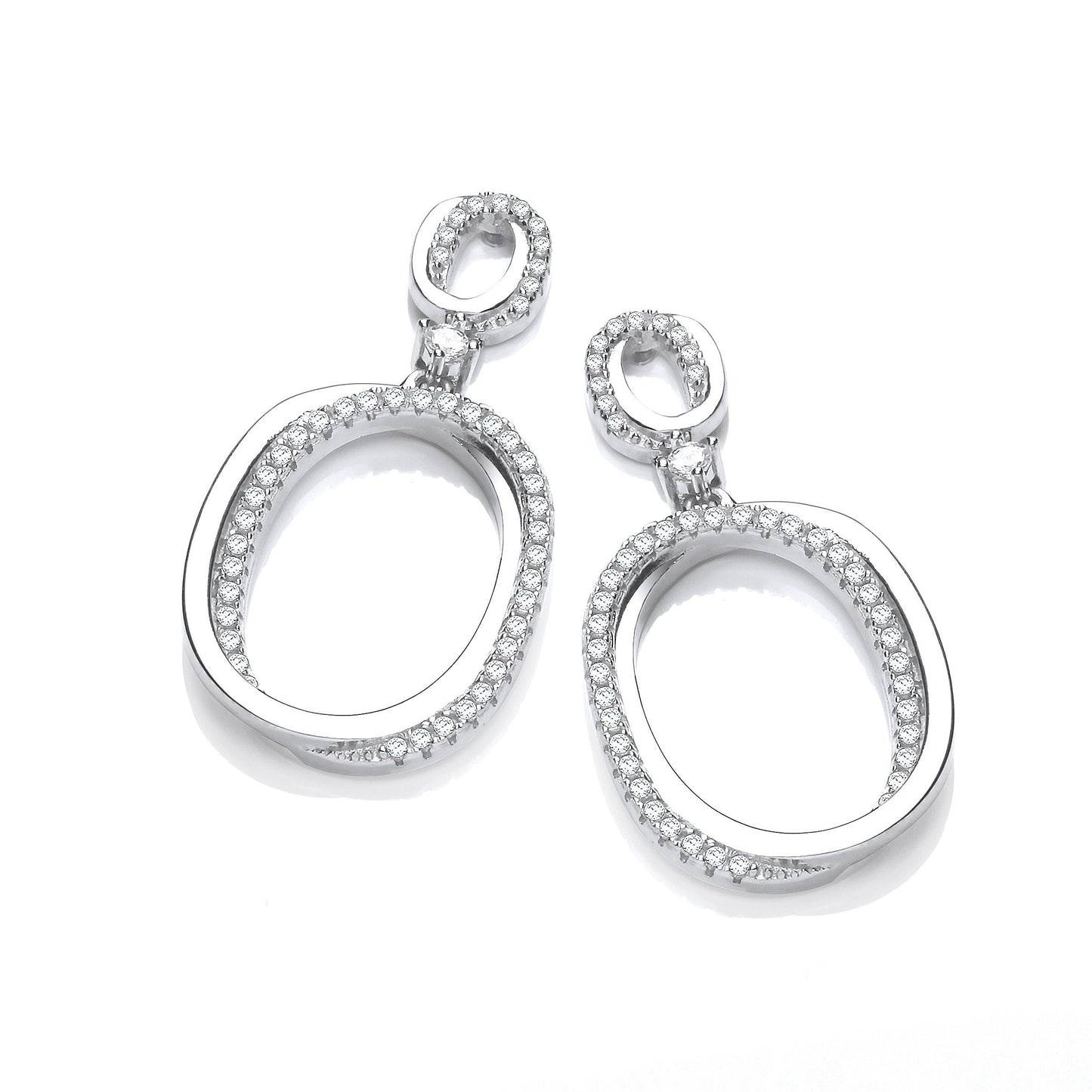 Oval Plain & Cubic Zirconias Drop Earrings