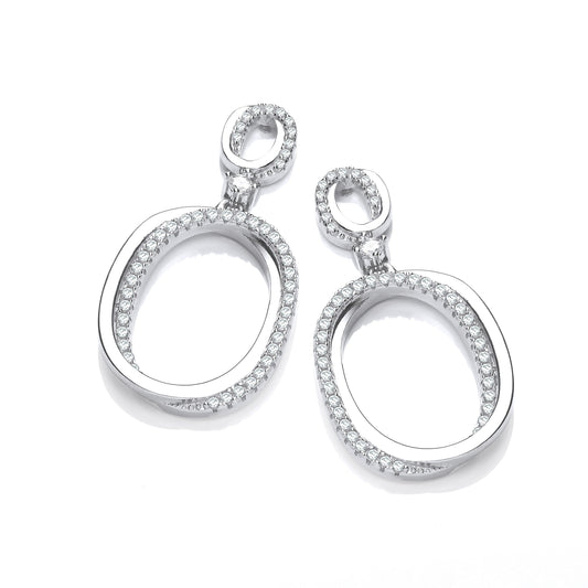 Oval Plain & Cubic Zirconias Drop Earrings
