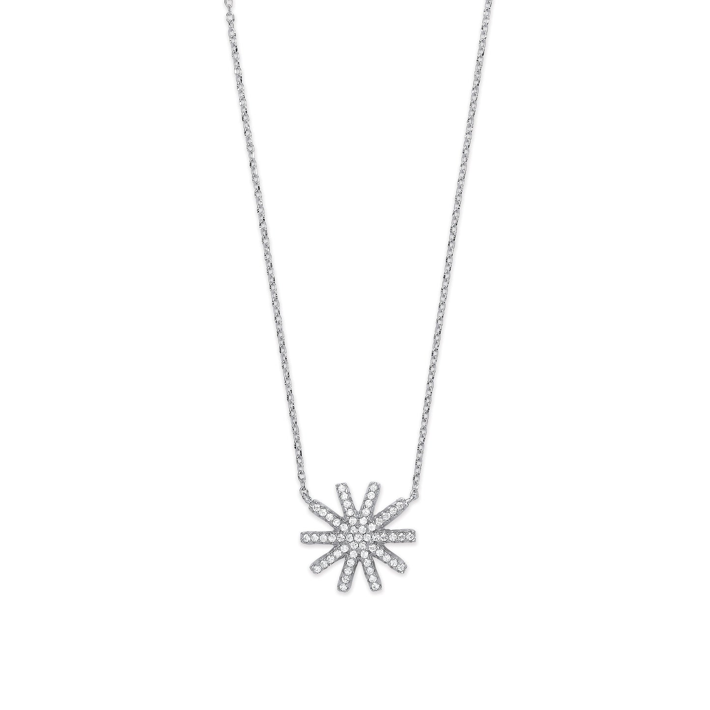 Silver Cubic Zirconia Starburst Pendant 16" Necklace with Extention
