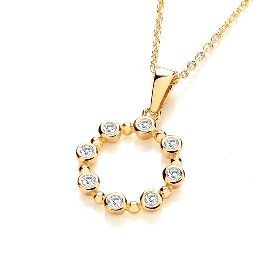 Yellow Gold Plated Silver Rubover Cubic Zirconias Circle Pendant with Chain