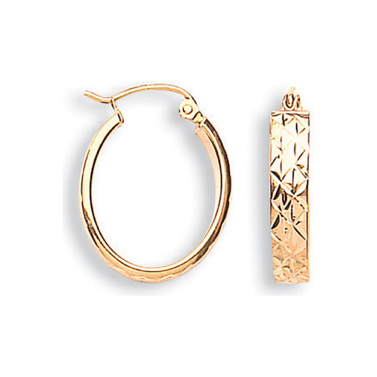 Yellow Gold Diamond Cut Oval Hoop Earrings - 1.1g
