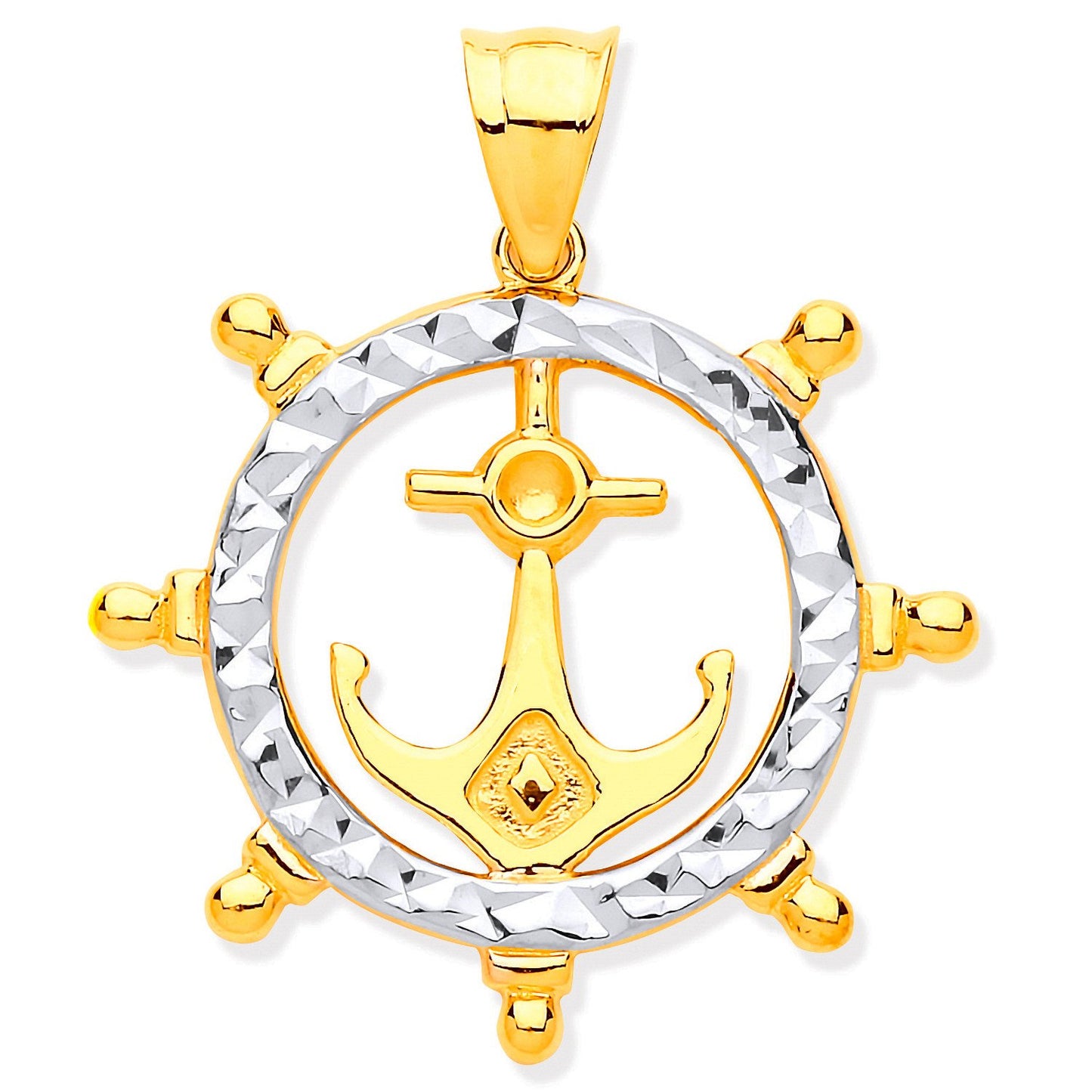 Yellow and White Gold Anchor In Ship Wheel Pendant