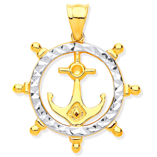 Yellow and White Gold Anchor In Ship Wheel Pendant