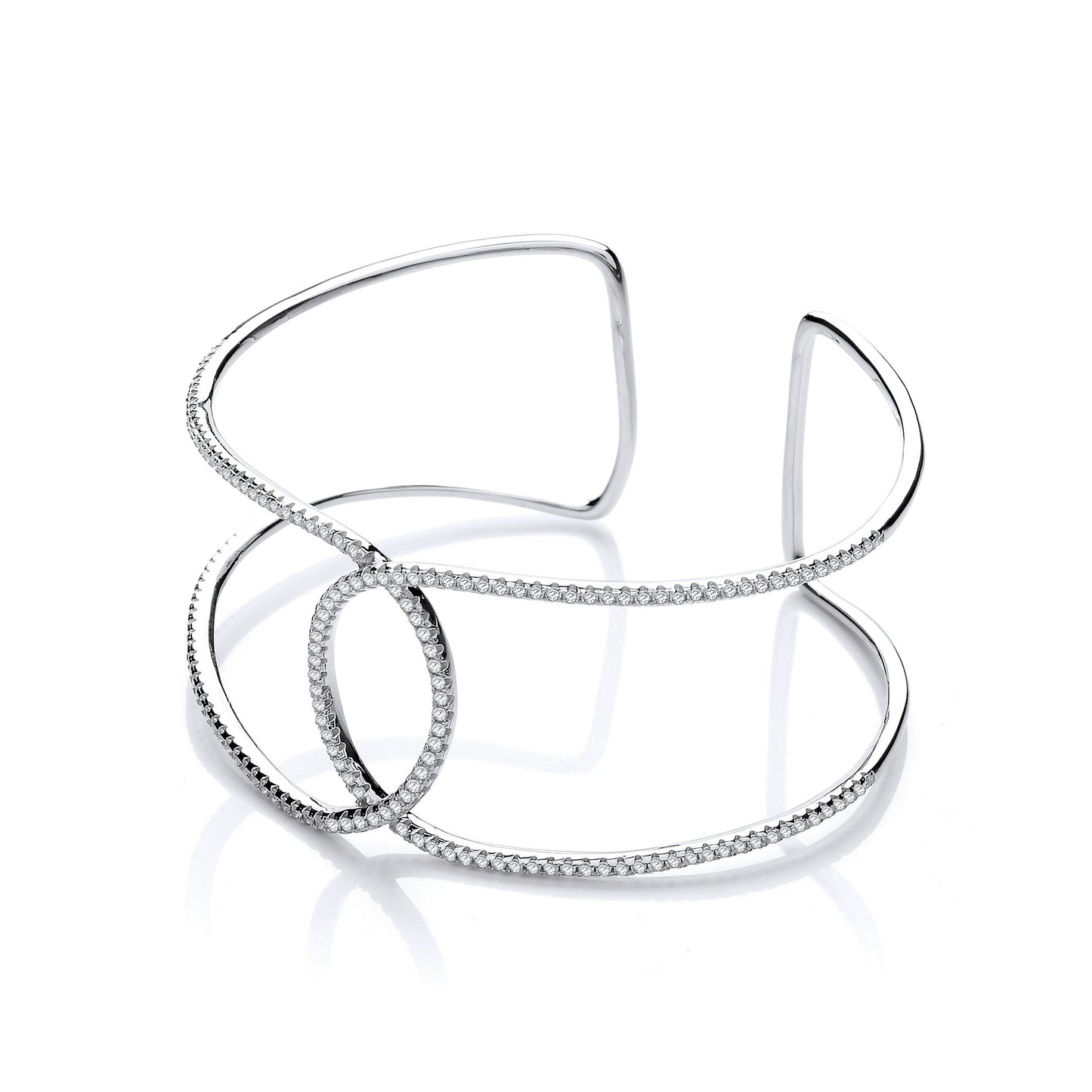 Micro Pave Two Row Cubic Zirconia Interlocking Cuff Silver Bangle