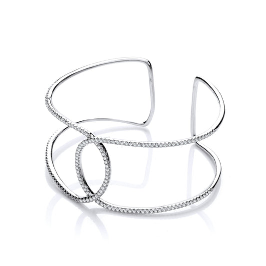 Micro Pave Two Row Cubic Zirconia Interlocking Cuff Silver Bangle