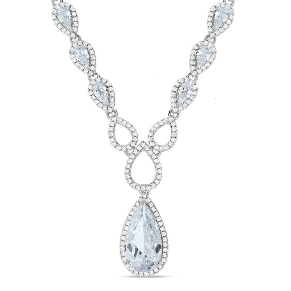Silver Pear Shaped Drop Set Clear Cubic Zirconias Necklace 18"