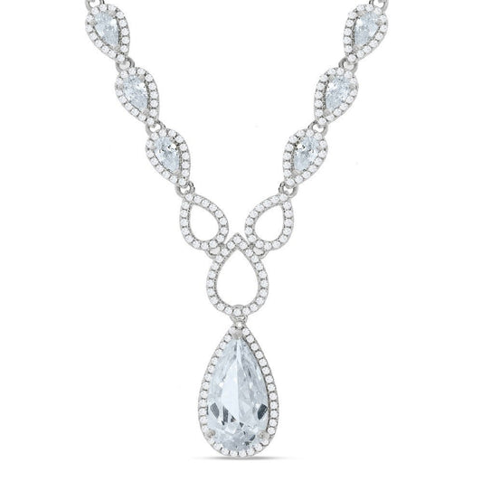 Silver Pear Shaped Drop Set Clear Cubic Zirconias Necklace 18"