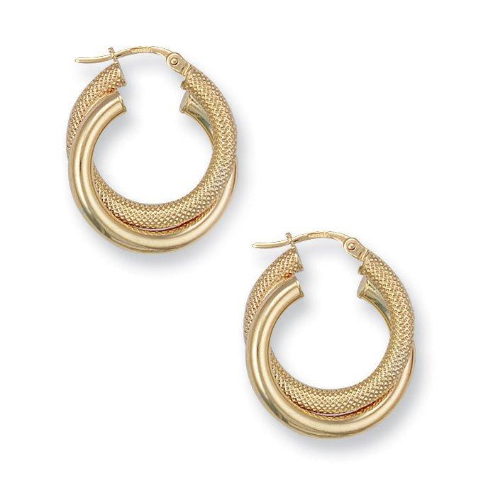 Yellow Gold 21mm Fancy Frosted Double Hoop Earrings