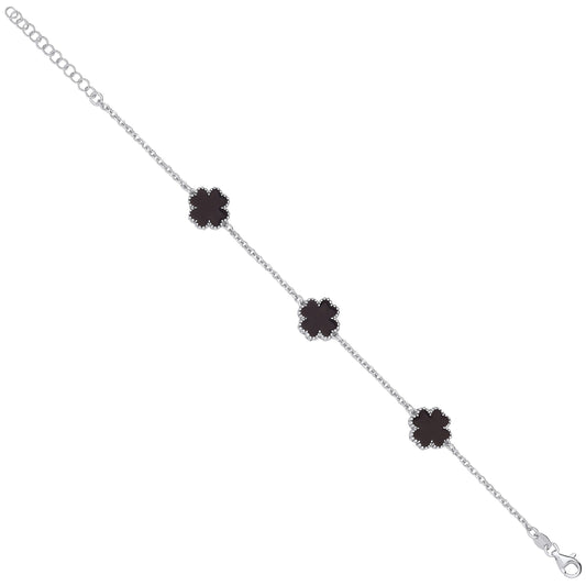 Silver Black Enamel Four Leaf Clover Bracelet