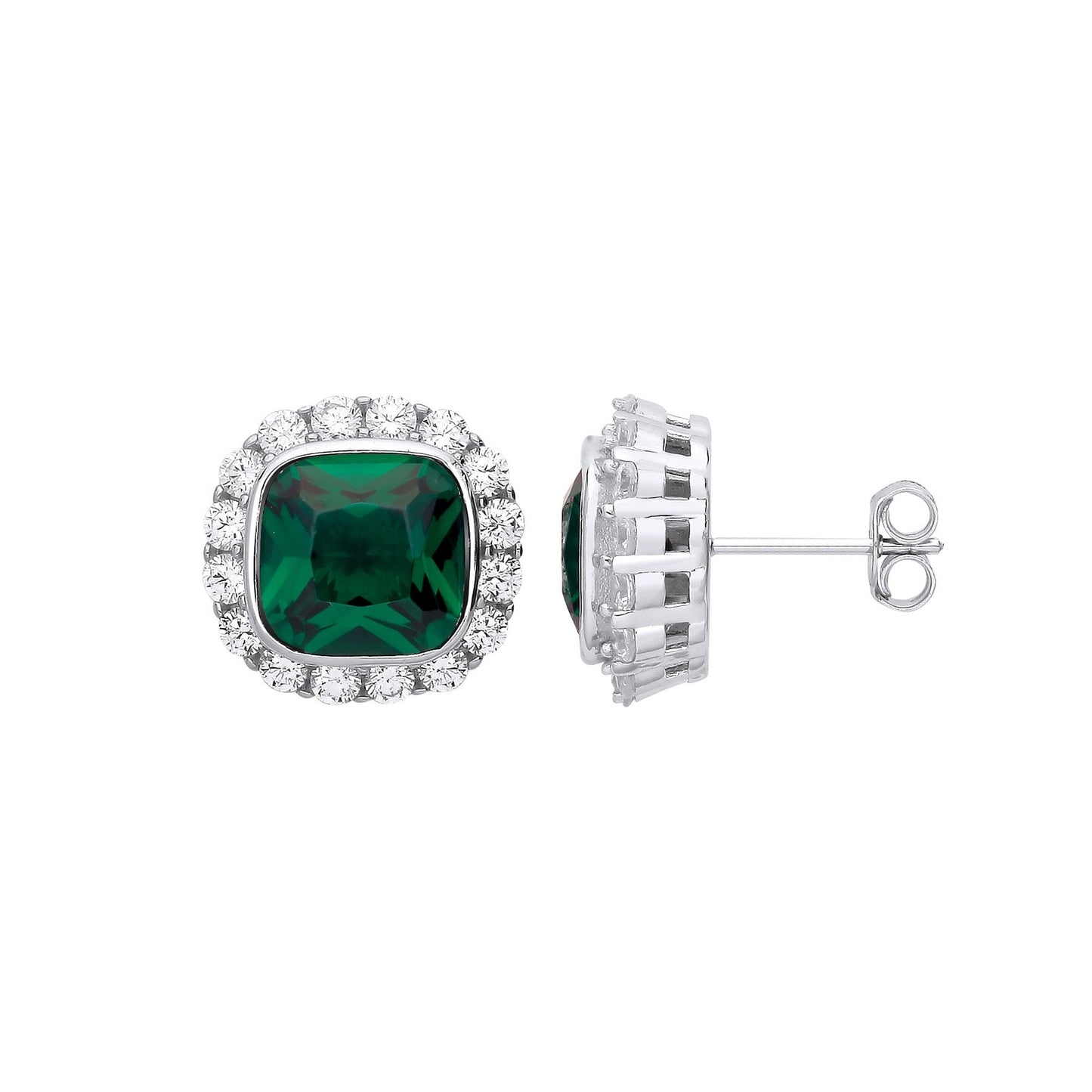 Silver Green Cubic Zirconia Halo Stud Earrings