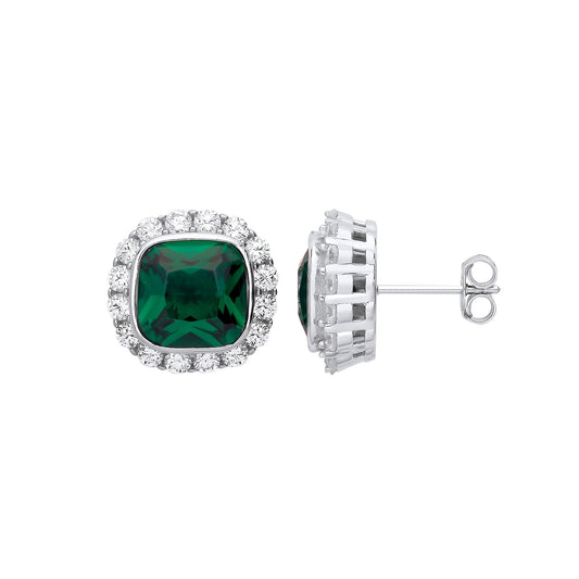 Silver Green Cubic Zirconia Halo Stud Earrings
