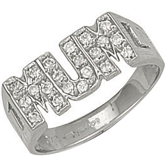 White Gold Cubic Zirconia ID Sides Mum Ring