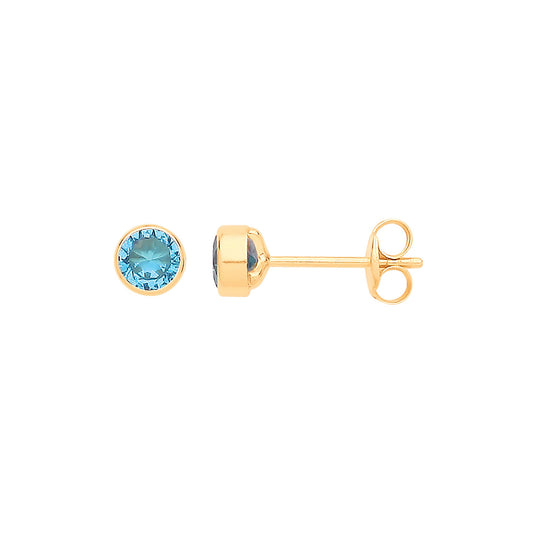 9ct Yellow Gold 4mm Rubover Set Blue Cubic Zirconia Studs