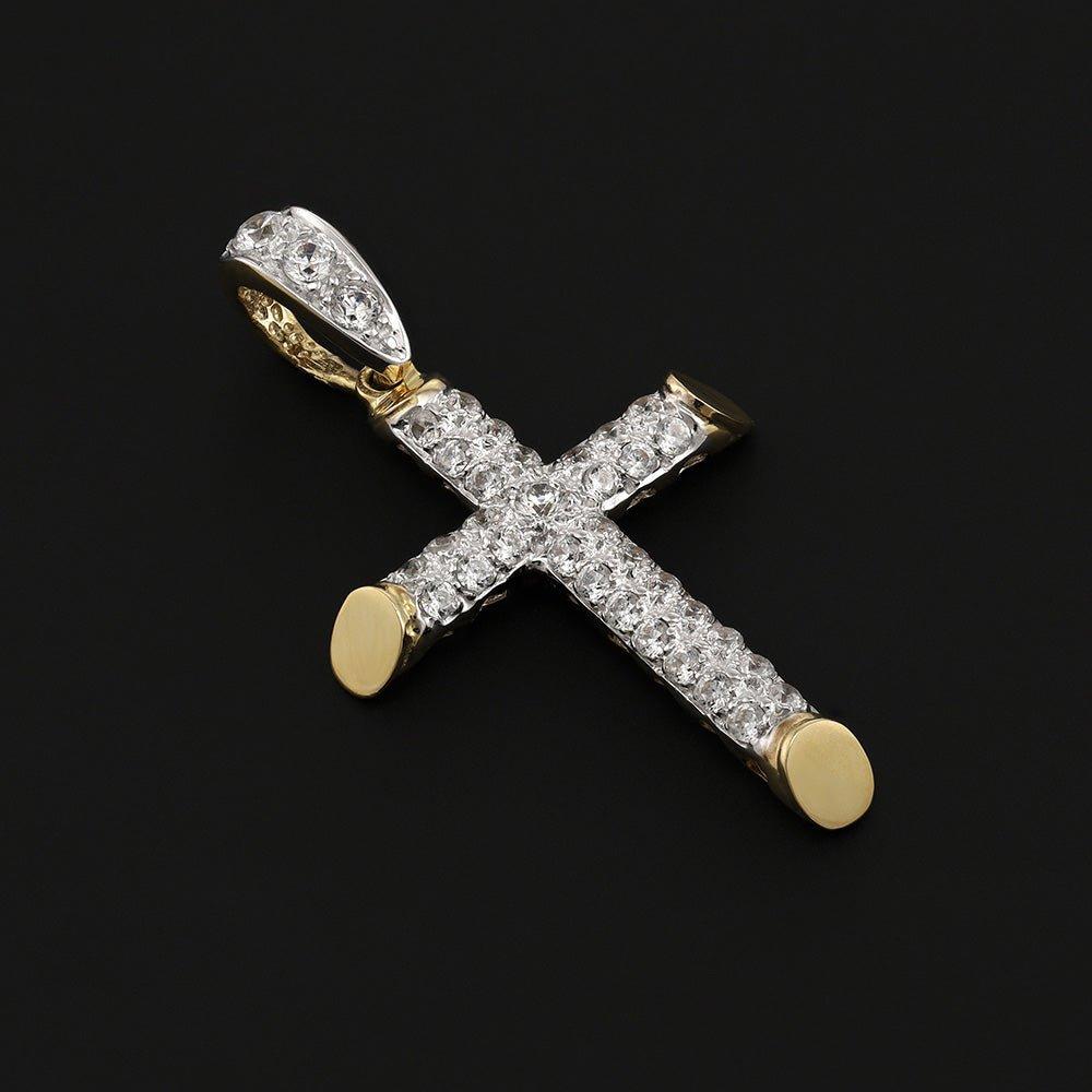 Yellow Gold Round Tubed Cubic Zirconia Cross - 23.8mm