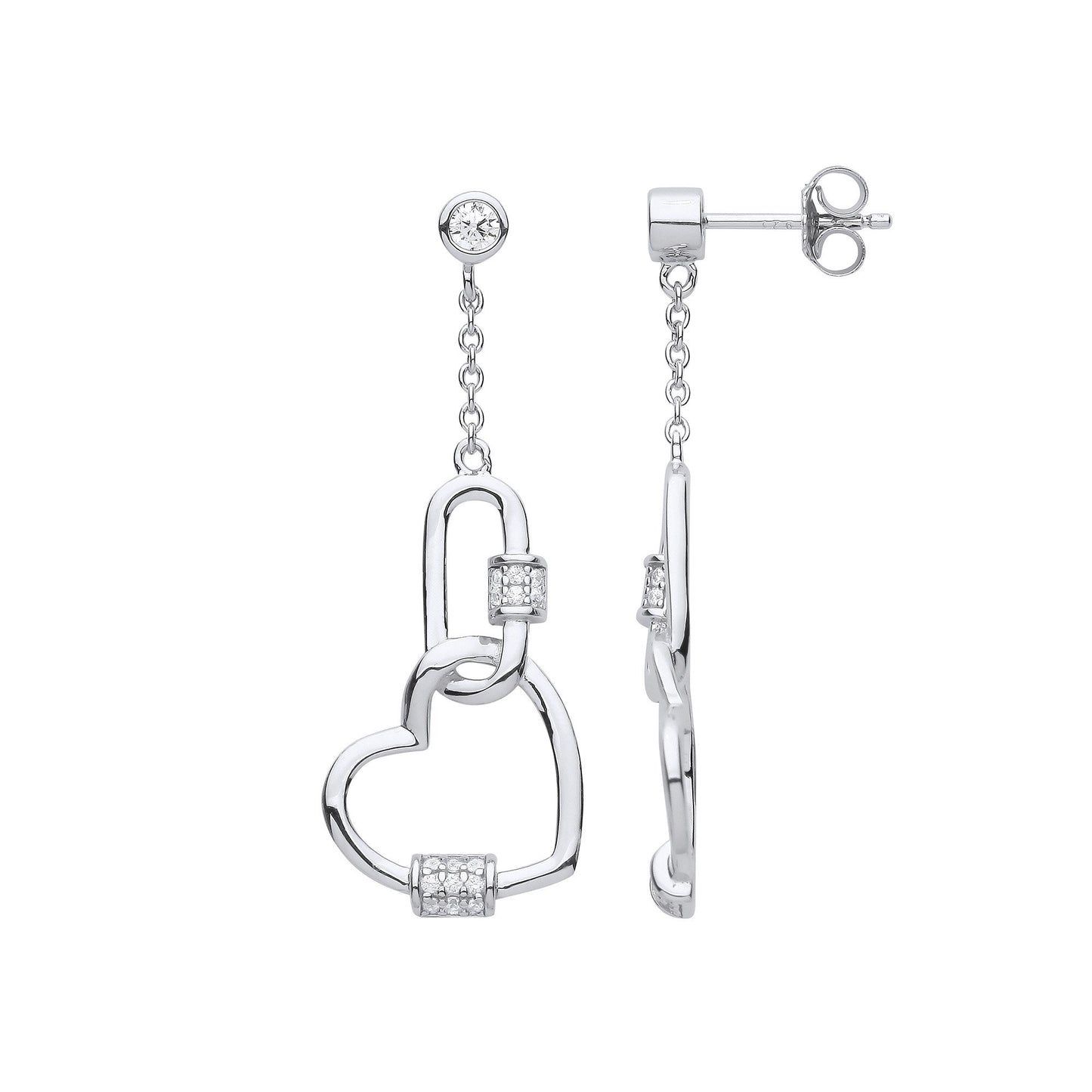 Silver Heart Paper Clip Cubic Zirconia Drop Earrings
