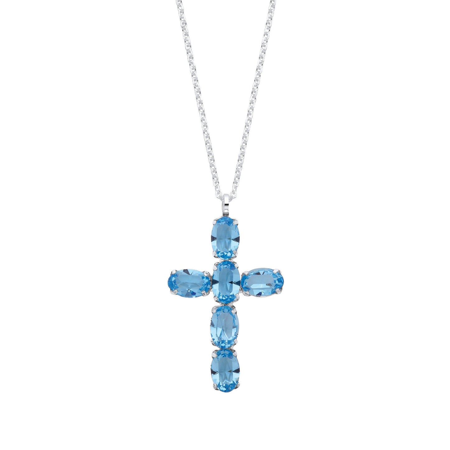 Silver Blue Crystal Cross Pendant on Chain
