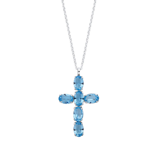 Silver Blue Crystal Cross Pendant on Chain