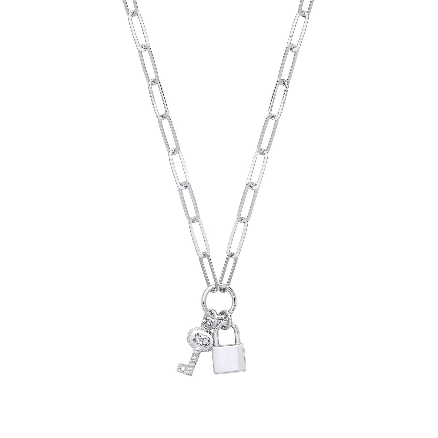 Silver Paper Clip Chain , Padlock & Cubic Zirconia Key Necklace