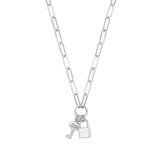 Silver Paper Clip Chain , Padlock & Cubic Zirconia Key Necklace