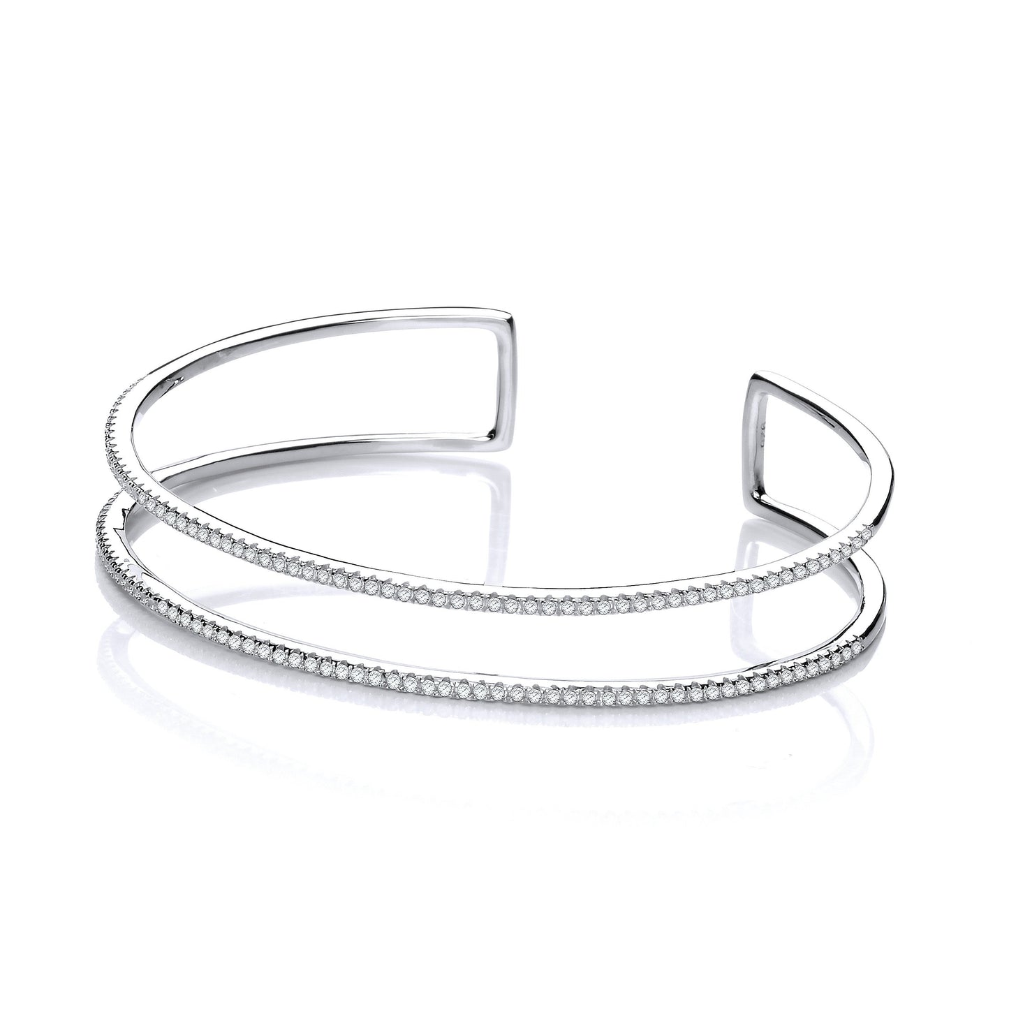 Micro Pave Two Row Cubic Zirconia Cuff Silver Bangle