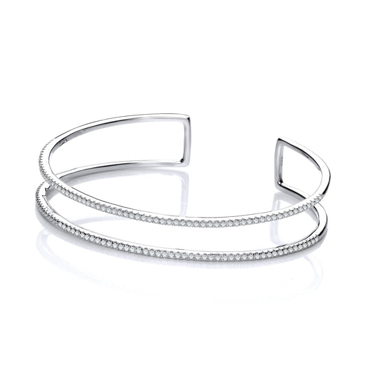 Micro Pave Two Row Cubic Zirconia Cuff Silver Bangle