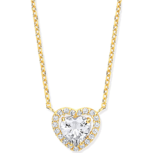 Yellow Gold Heart Halo Style Cubic Zirconias Pendant on 18" Chain