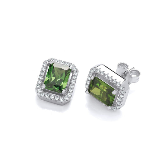 Silver Green Cubic Zirconias Halo Stud Earrings