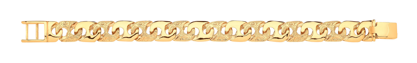 Yellow Gold 14mm Plain & Engraved Anchor Medium Link Gents Bracelet