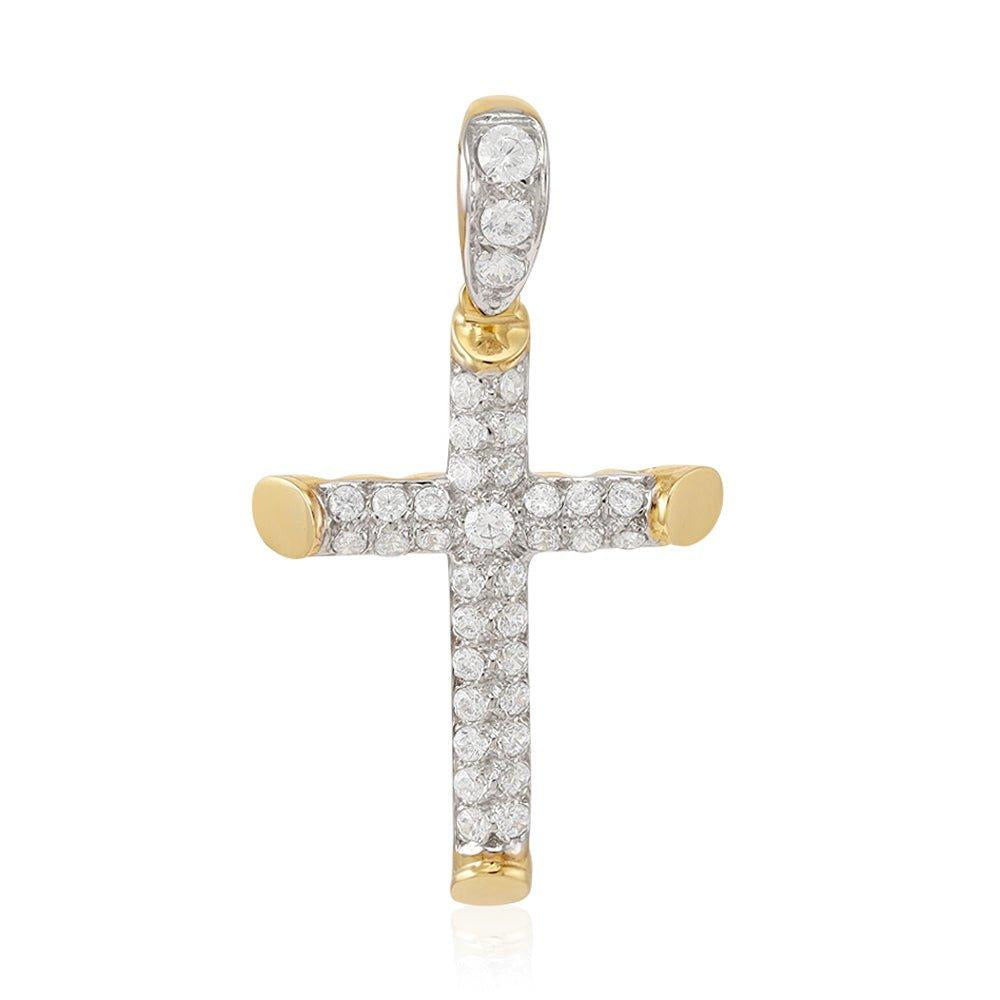 Yellow Gold Round Tubed Cubic Zirconia Cross - 23.8mm