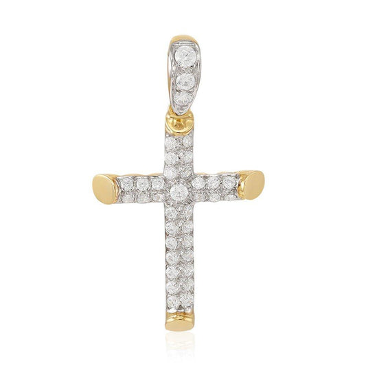 Yellow Gold Round Tubed Cubic Zirconia Cross - 23.8mm