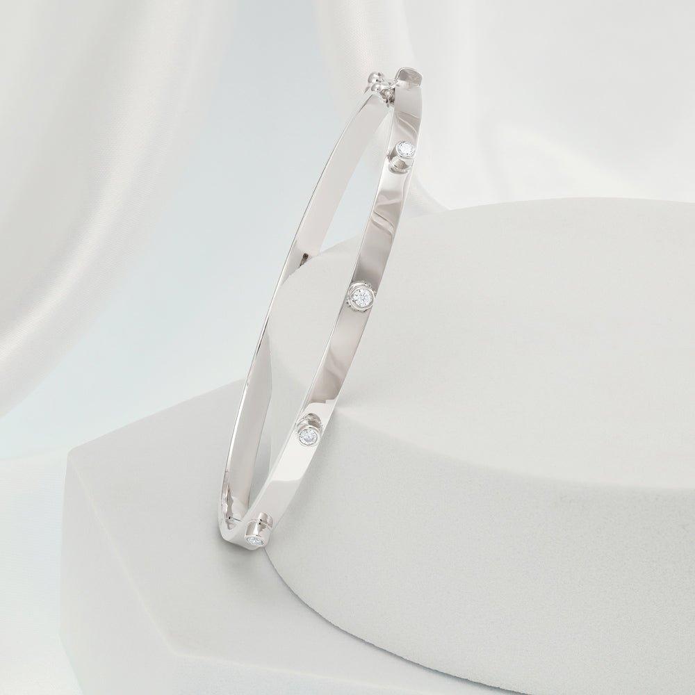 White Gold Hollow Cubic Zirconia Oval Bangle
