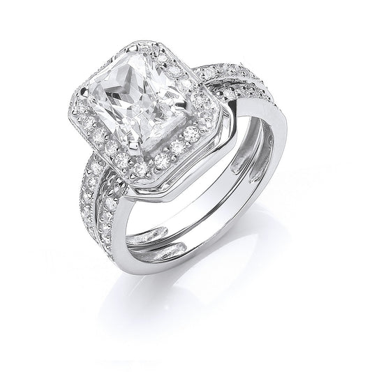 Silver Bridal Set Cubic Zirconia Emerald Cut Centre Rings