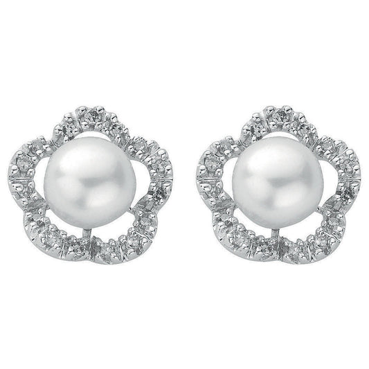 9ct White Gold 0.17ct Diamond & Pearl Stud Earrings