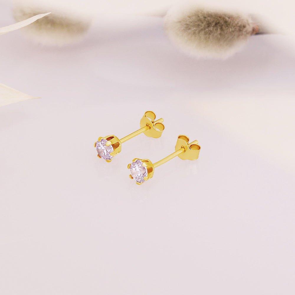 Yellow Gold 3mm Claw Set Lavander Cubic Zirconia Studs
