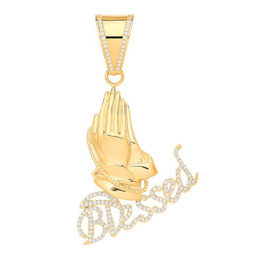 Yellow Gold Blessed, Praying Hands Cubic Zirconia Pendant