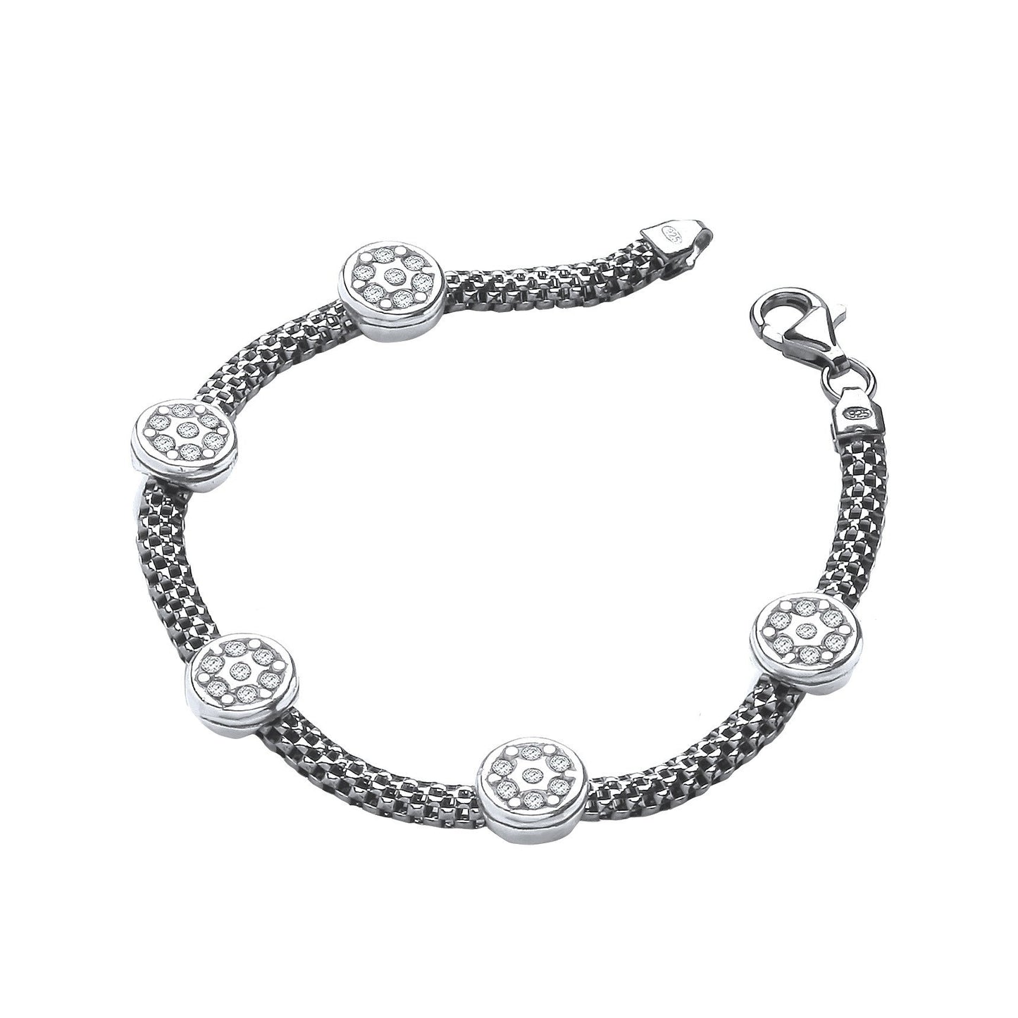 Ruthenium Mesh with Five Circles Cubic Zirconias 7"/19cm Bracelet