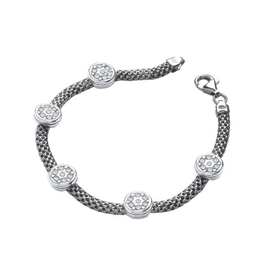 Ruthenium Mesh with Five Circles Cubic Zirconias 7"/19cm Bracelet