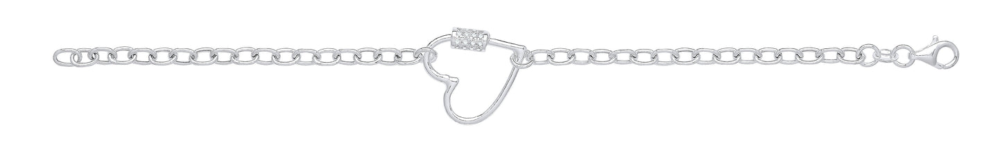 Silver Oval Link Chain , Heart Cubic Zirconia Charm Bracelet
