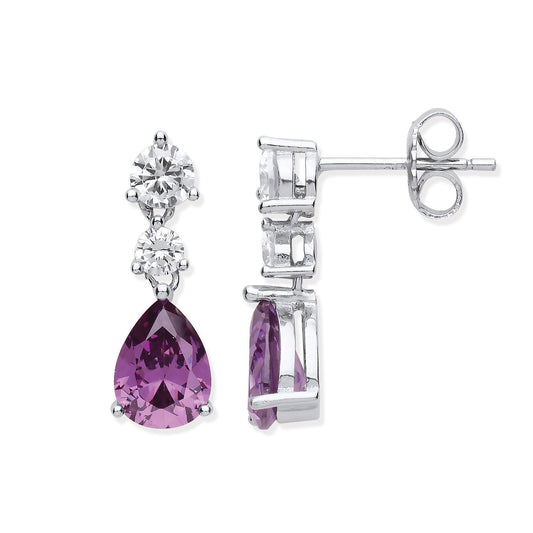 Silver Clear & Amethyst Colour Cubic Zirconias Drop Earrings